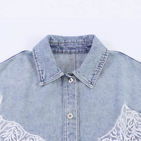 Damen Kurz geschnittene Jeansjacke mit Spitzenapplikation und Oversize-Kimonärmeln Nord Taschen