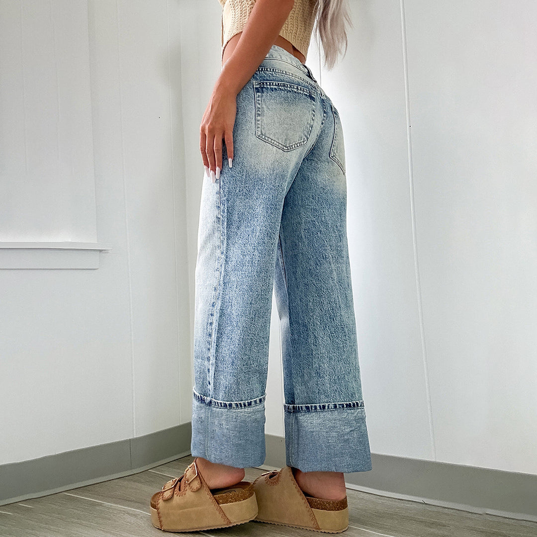 Damen Weite High-Waist Jeans mit breitem Umschlag Nord Taschen