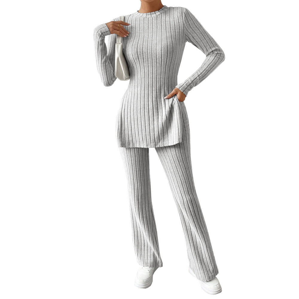 Damen geripptes Feinstrick-Lounge-Set mit seitlicher Saumschlitzen, figurbetontem Longsleeve und weitem Highwaist-Hose Nord Taschen