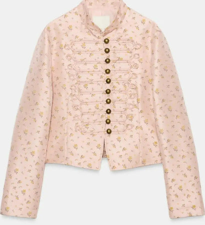 Damen Cropped Militärblouson mit Mandarinkragen, Zierkordeln und floraler Webstruktur Nord Taschen