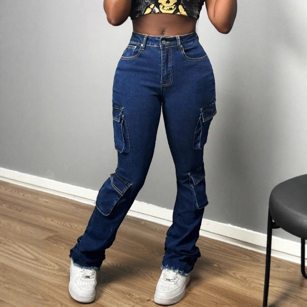 Damen Hochtaillierte Cargo-Jeans mit Mehrfach-Pattentaschen & ausgestelltem Saum Nord Taschen