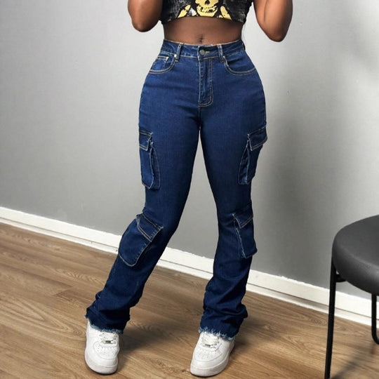 Damen Hochtaillierte Cargo-Jeans mit Mehrfach-Pattentaschen & ausgestelltem Saum Nord Taschen