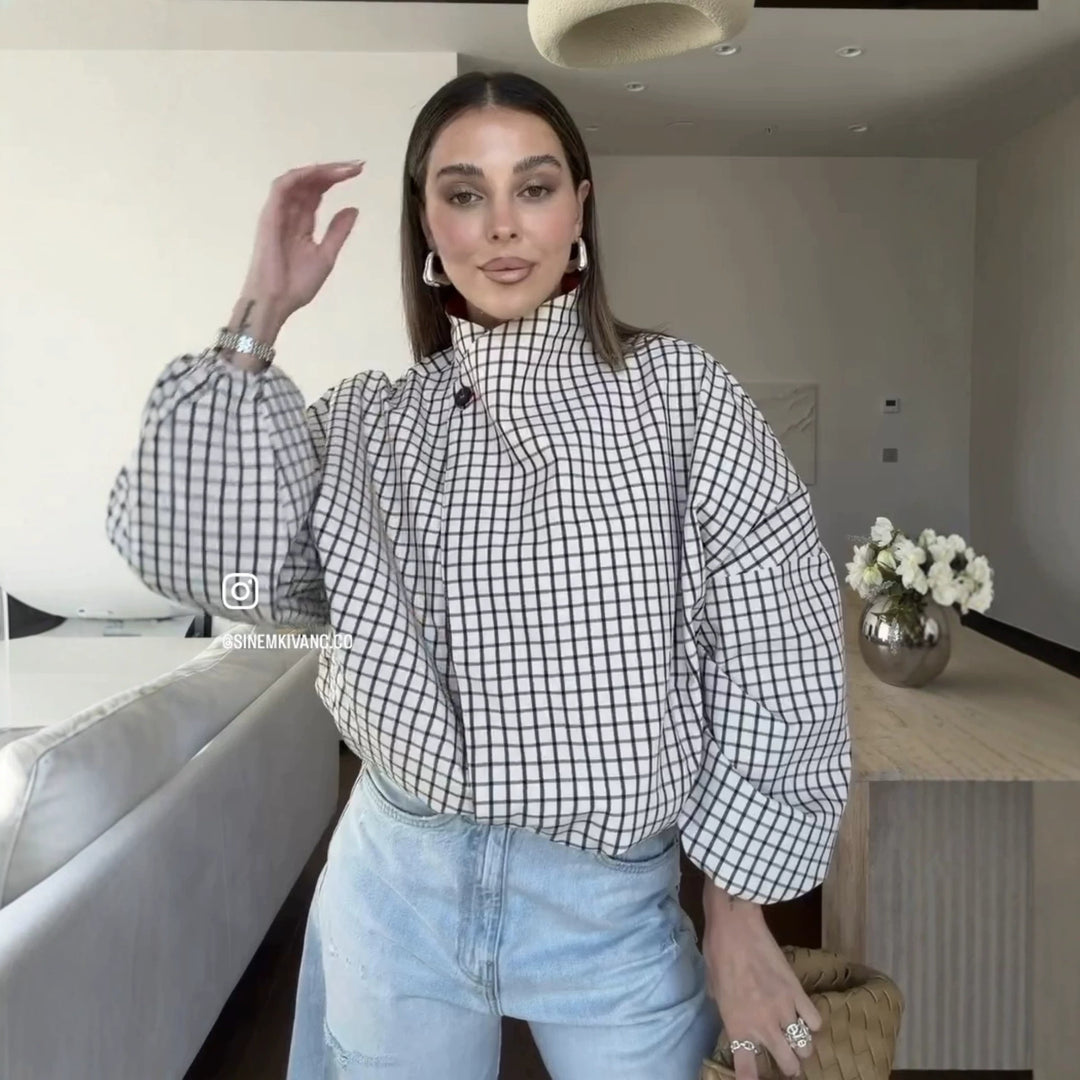 Damen Oversize-Bluse mit Stehkragen, karierter Optik und Ballonärmeln Nord Taschen