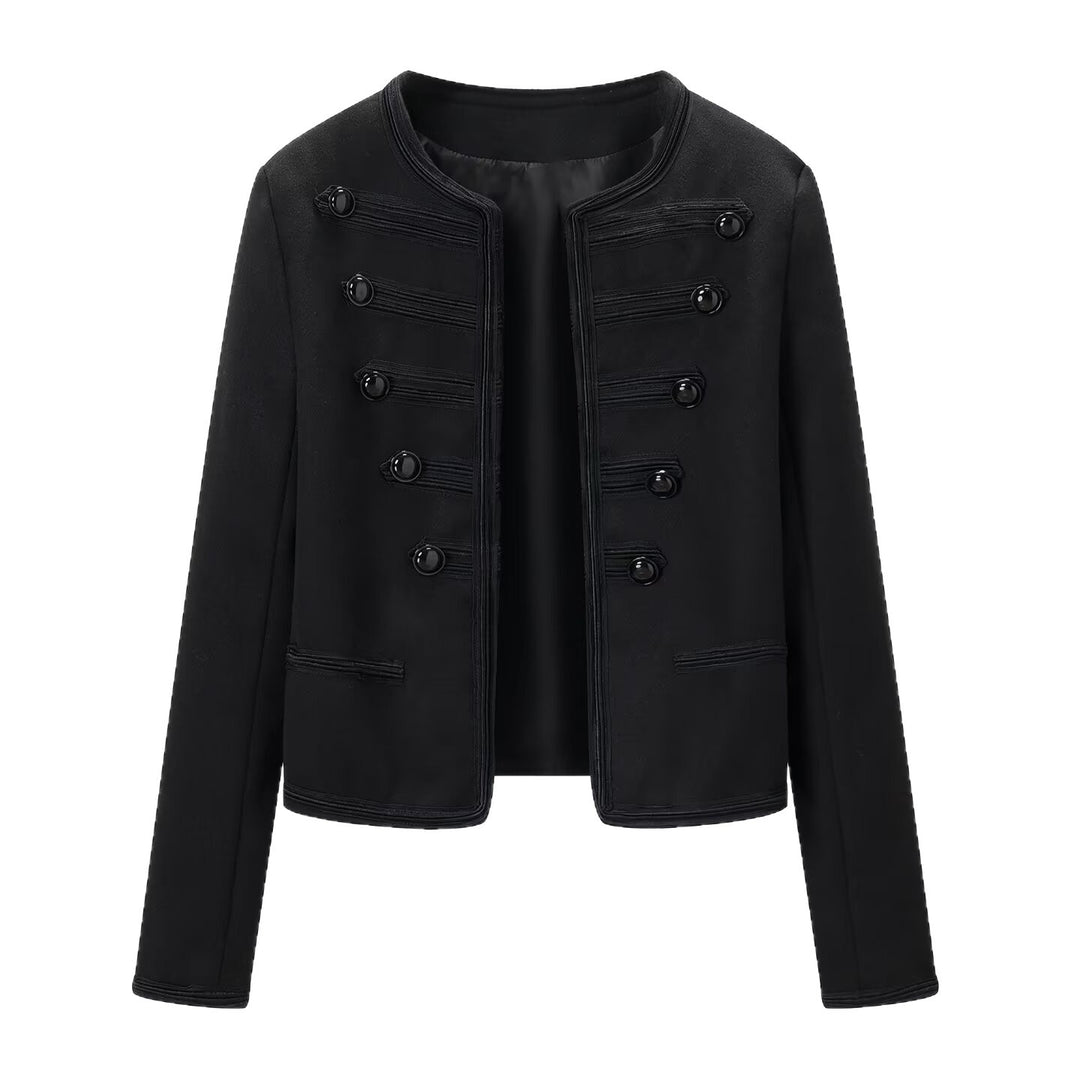 Damen Kastenjacke im Marschall-Stil ohne Kragen mit Zierkordeln und Schmuckknöpfen Nord Taschen