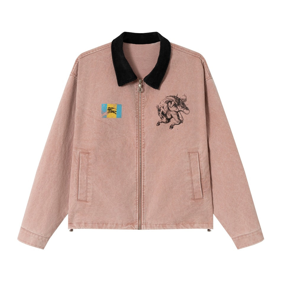 Unisex Boxy-Blousonjacke aus gewaschenem Baumwoll-Twill mit Cordkragen und Printdetails Nord Taschen