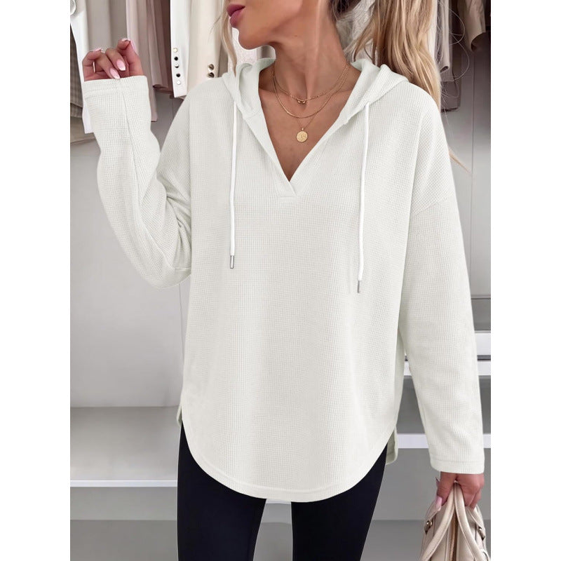 Damen Waffelstrick-Kapuzenpullover mit V-Ausschnitt, Oversize-Schnitt und Seitenschlitzen Nord Taschen