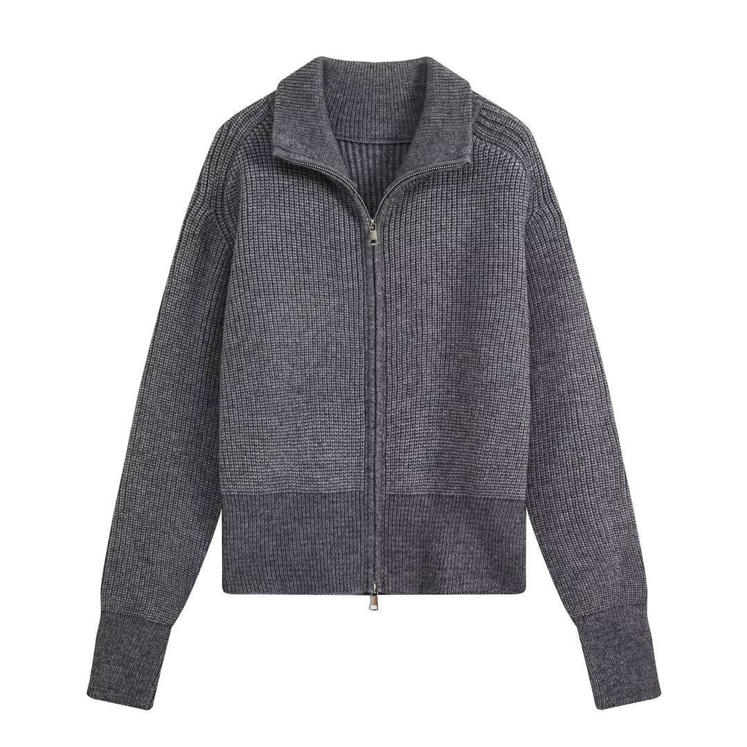 Damen Zweiteiliges Strickset mit Reißverschluss-Cardigan, Stehkragen und weitem Bein Nord Taschen
