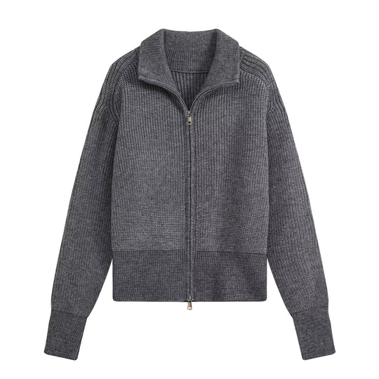 Damen Zweiteiliges Strickset mit Reißverschluss-Cardigan, Stehkragen und weitem Bein Nord Taschen