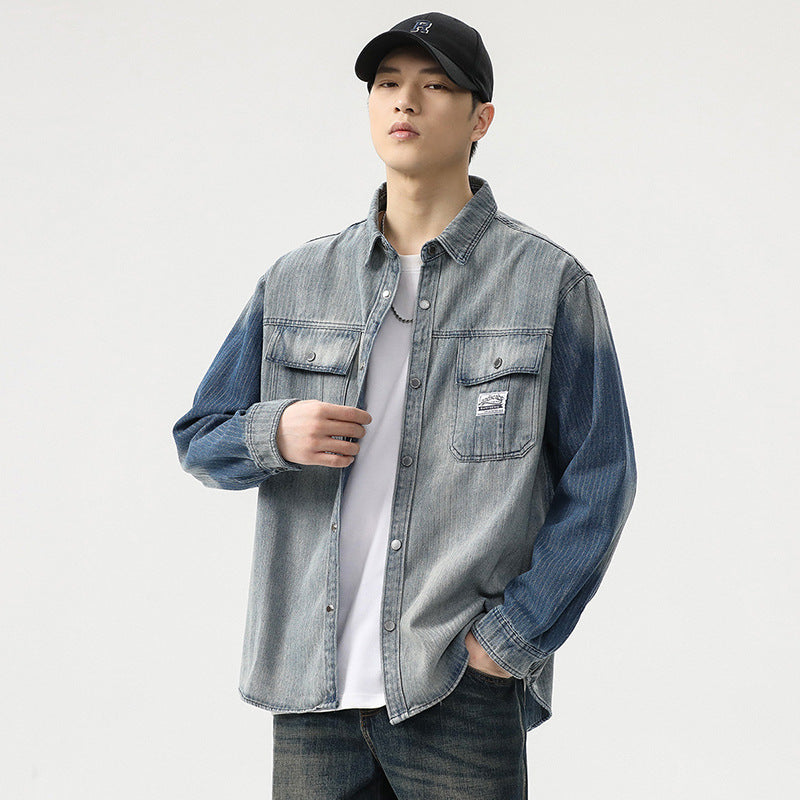 Herren Overshirt aus Denim mit Kontrastärmeln und leichter Used-Waschung Nord Taschen