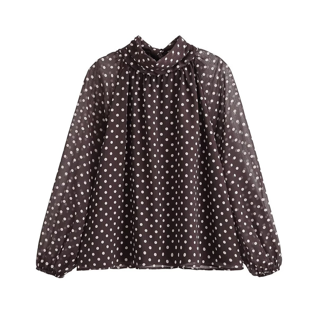 Damen Transparente gepunktete Chiffonbluse mit Schleifenkragen und Ballonärmeln Nord Taschen