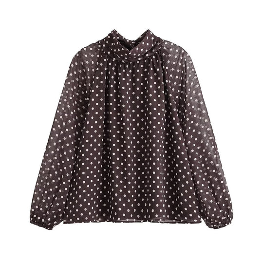 Damen Transparente gepunktete Chiffonbluse mit Schleifenkragen und Ballonärmeln Nord Taschen
