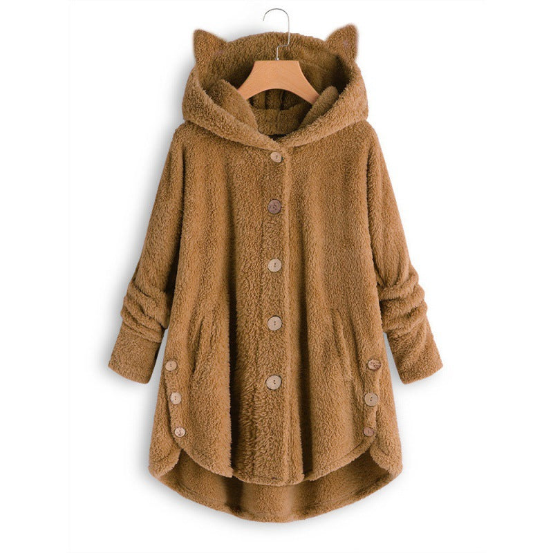 Damen Kapuzen-Teddy-Mantel mit Katzenohren, Knopfleiste und asymmetrischem Saum Nord Taschen