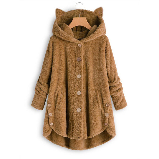 Damen Kapuzen-Teddy-Mantel mit Katzenohren, Knopfleiste und asymmetrischem Saum Nord Taschen