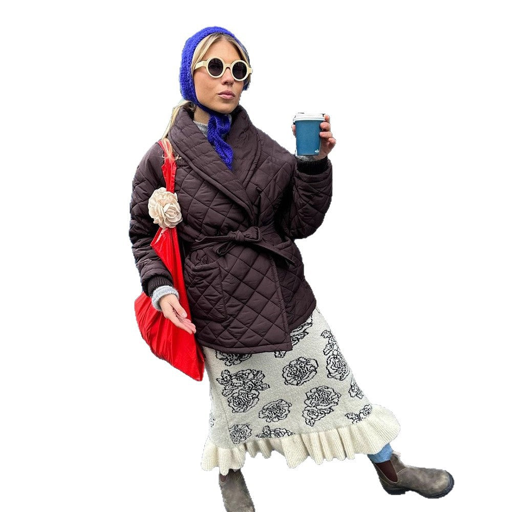 Damen Wickel-Steppjacke mit Taillenbindegürtel und Schalkragen Nord Taschen