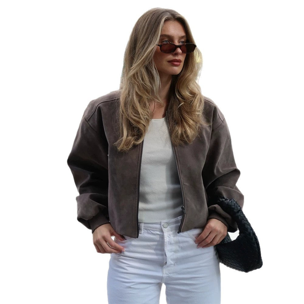 Damen Kurze Boxy-Suede-Bomberjacke mit Stehkragen und gerippten Bündchen Nord Taschen