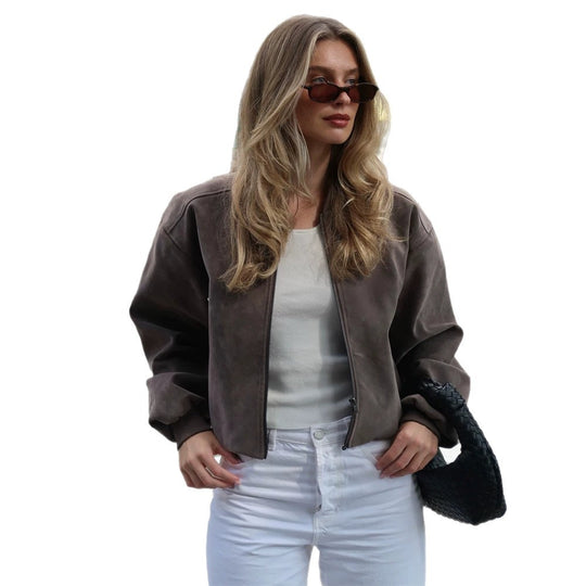 Damen Kurze Boxy-Suede-Bomberjacke mit Stehkragen und gerippten Bündchen Nord Taschen