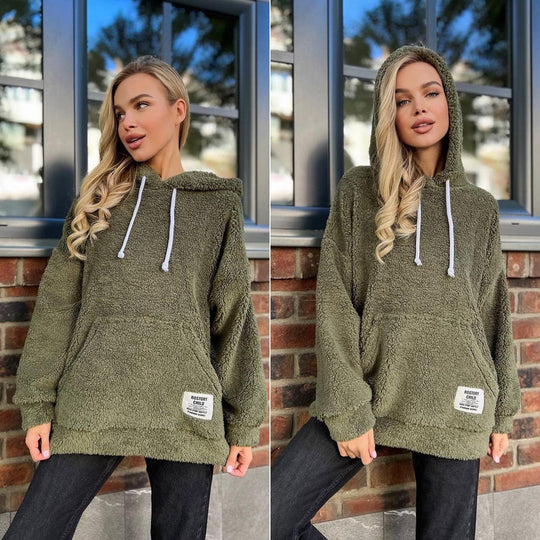 Damen Kuscheliger Teddy-Hoodie mit Kapuze, Kängurutasche und Oversize-Schnitt Nord Taschen