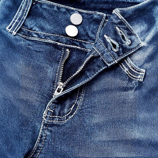 Damen Hochbund-Bootcut-Jeans mit formendem Bund und sichtbarer Knopfleiste Nord Taschen