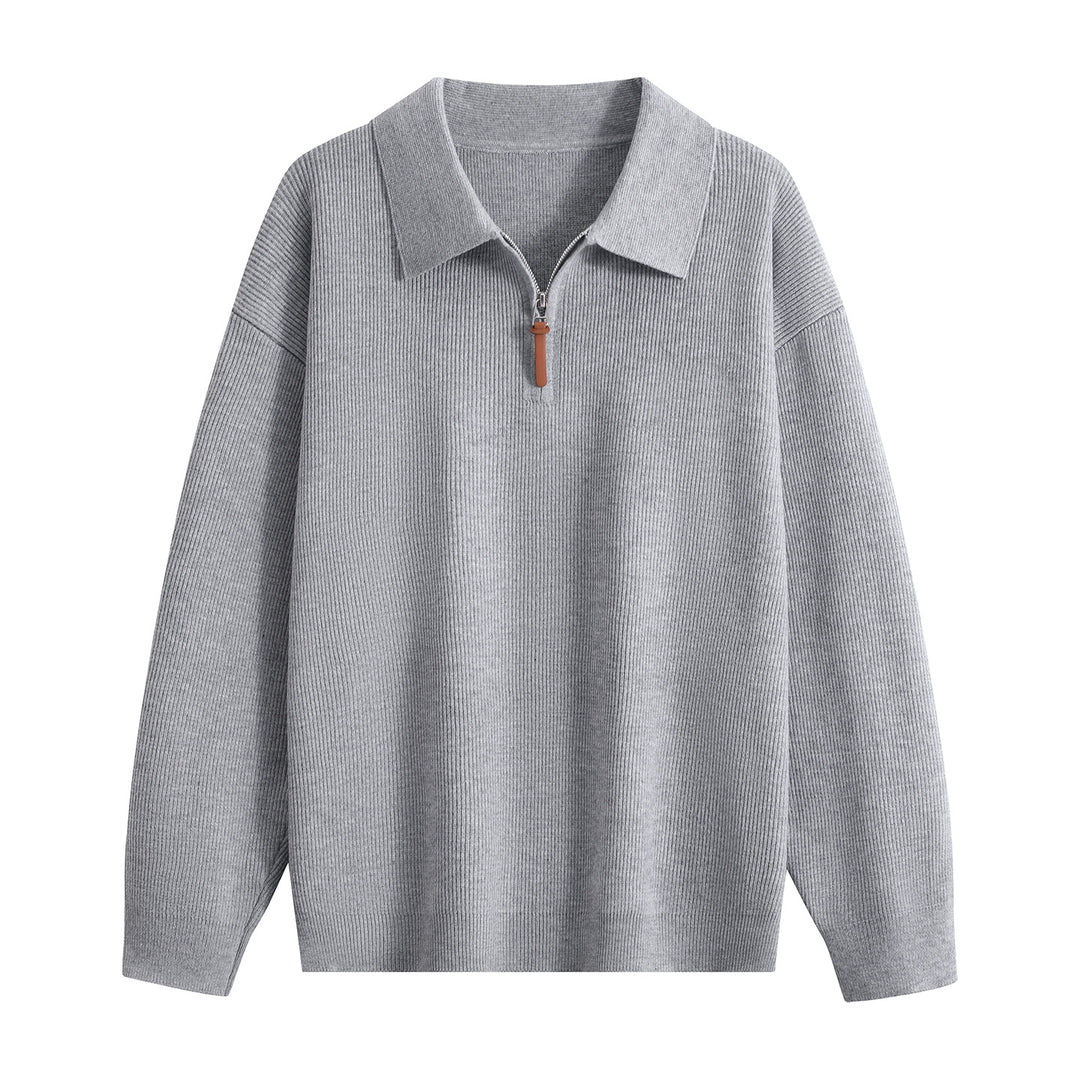 Damen Oversize Rippstrick-Pullover mit Polokragen & Kurz‑Zip Nord Taschen