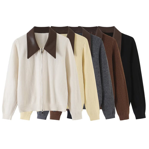 Damen Kurzer Wollmix-Cardigan mit Reißverschluss und kontrastierendem Kunstlederkragen Nord Taschen