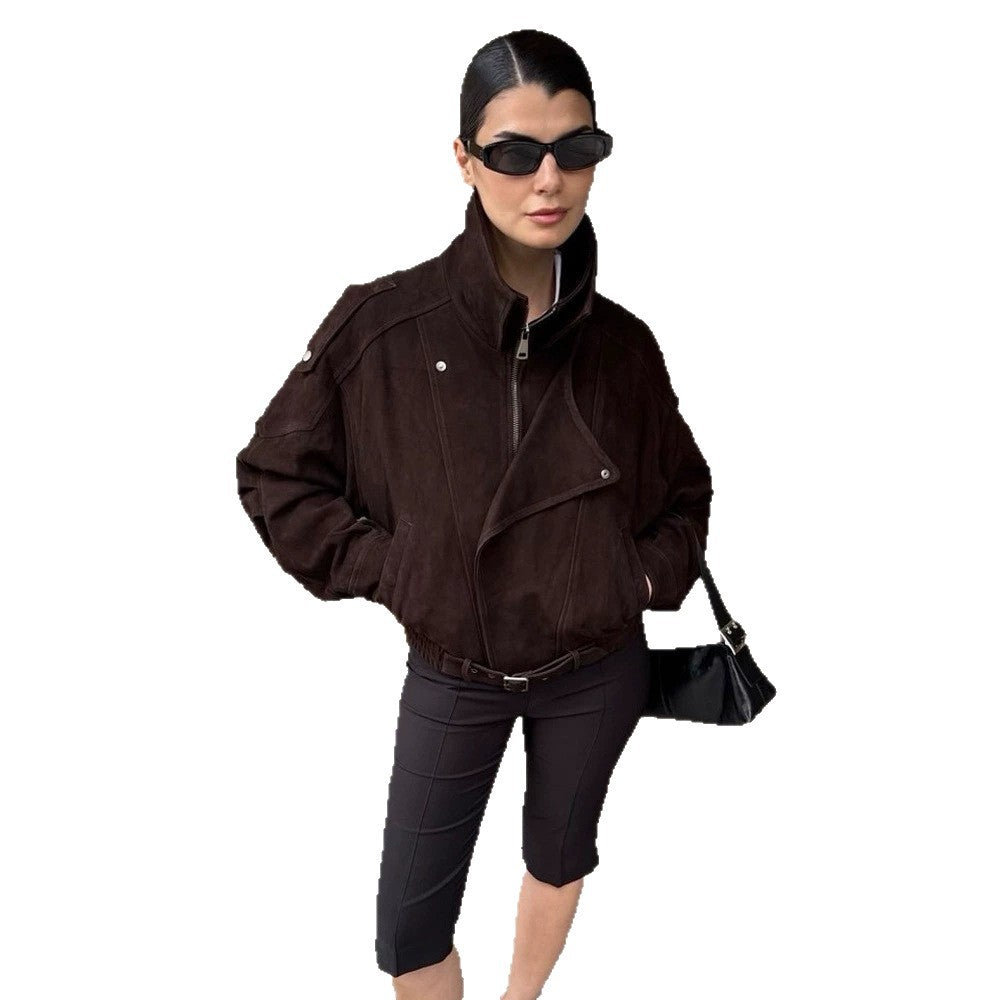 Damen Kurze Veloursleder-Bomberjacke mit hohem Stehkragen und Taillengürtel Nord Taschen