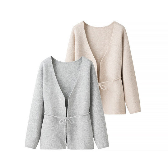 Damen Offener Strickcardigan mit Bindegürtel und V‑Ausschnitt Nord Taschen
