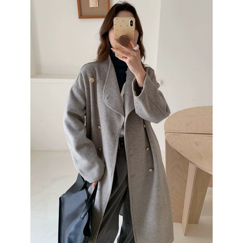 Damen Oversize Wollmix-Mantel mit doppelreihiger Knopfleiste, Stehkragen und überschnittener Schulter Nord Taschen