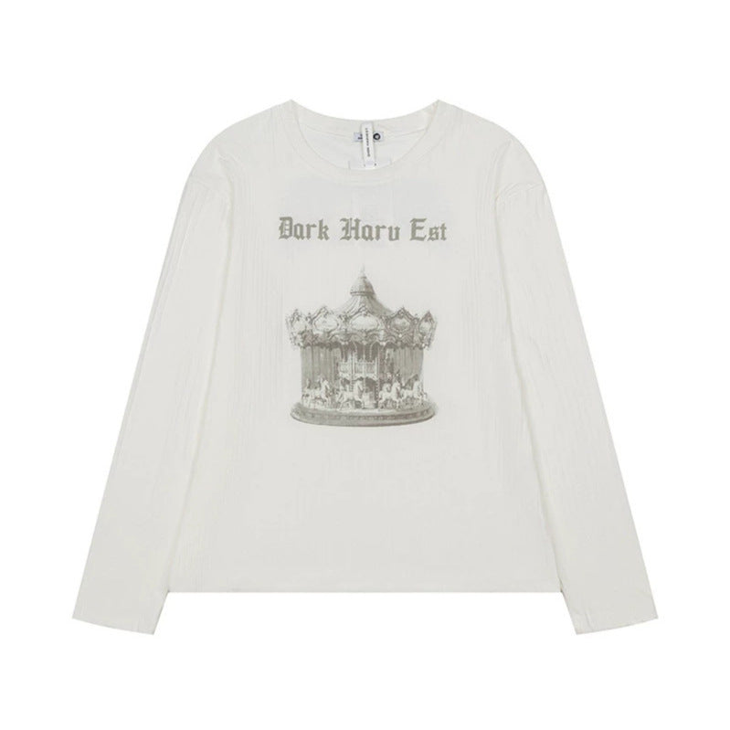 Damen Langarmshirt aus feinem Rippjersey mit Vintage-Karussell-Fotoprint und Rundhals Nord Taschen