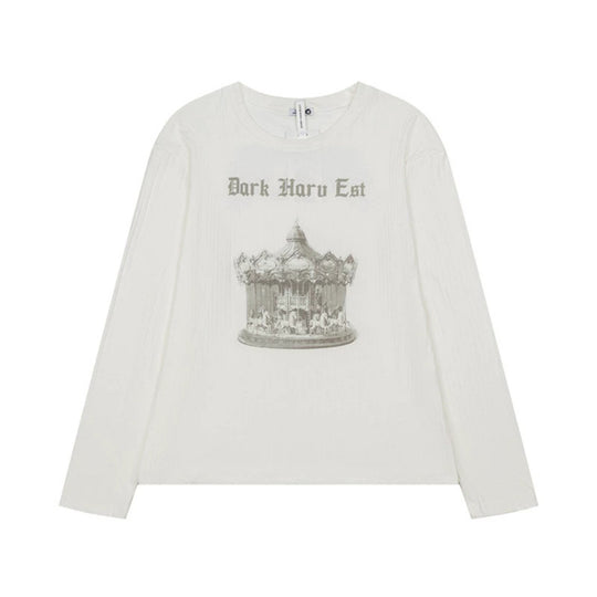 Damen Langarmshirt aus feinem Rippjersey mit Vintage-Karussell-Fotoprint und Rundhals Nord Taschen