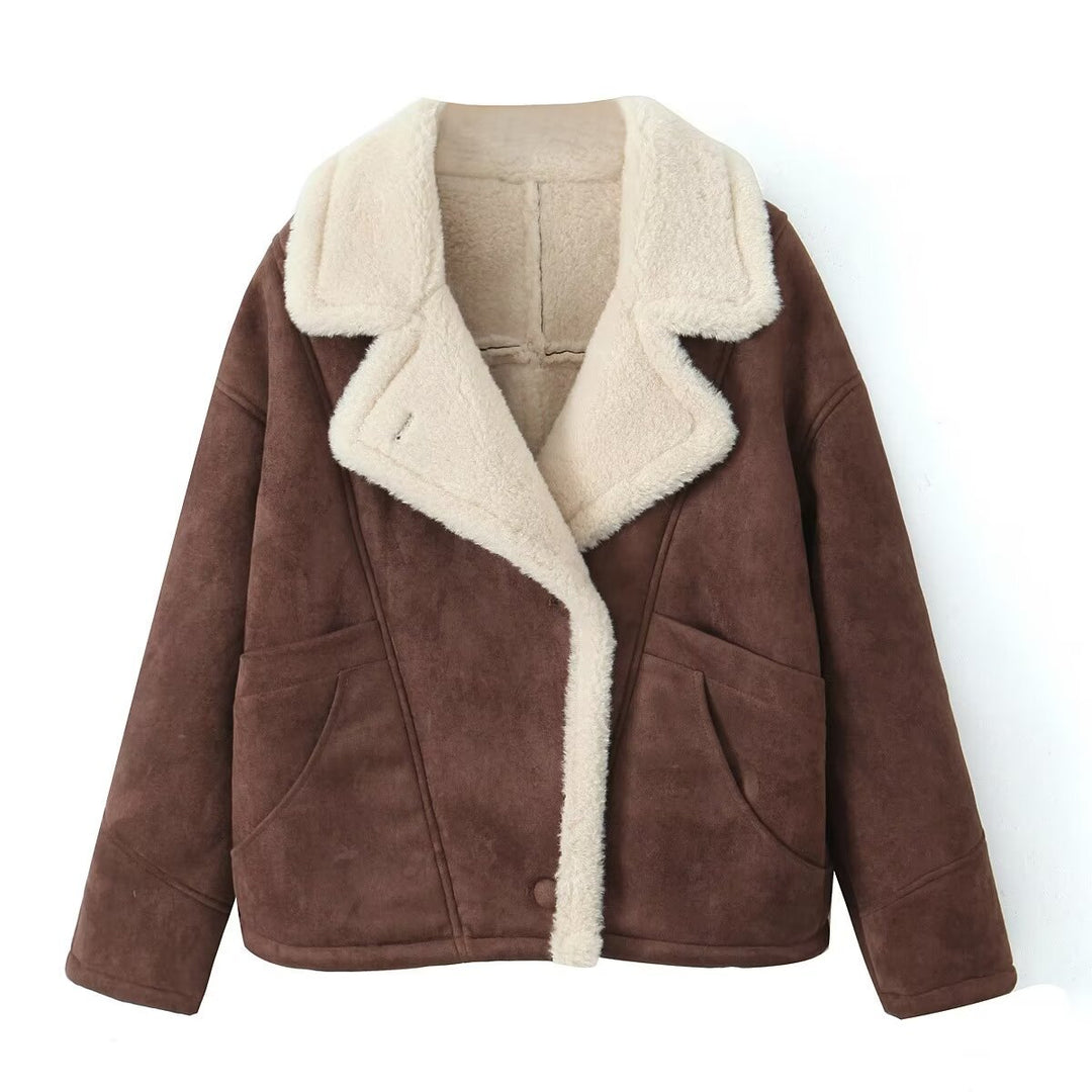 Damen Oversized Kurzjacke aus Wildlederoptik mit Teddyfutter und großem Reverskragen Nord Taschen