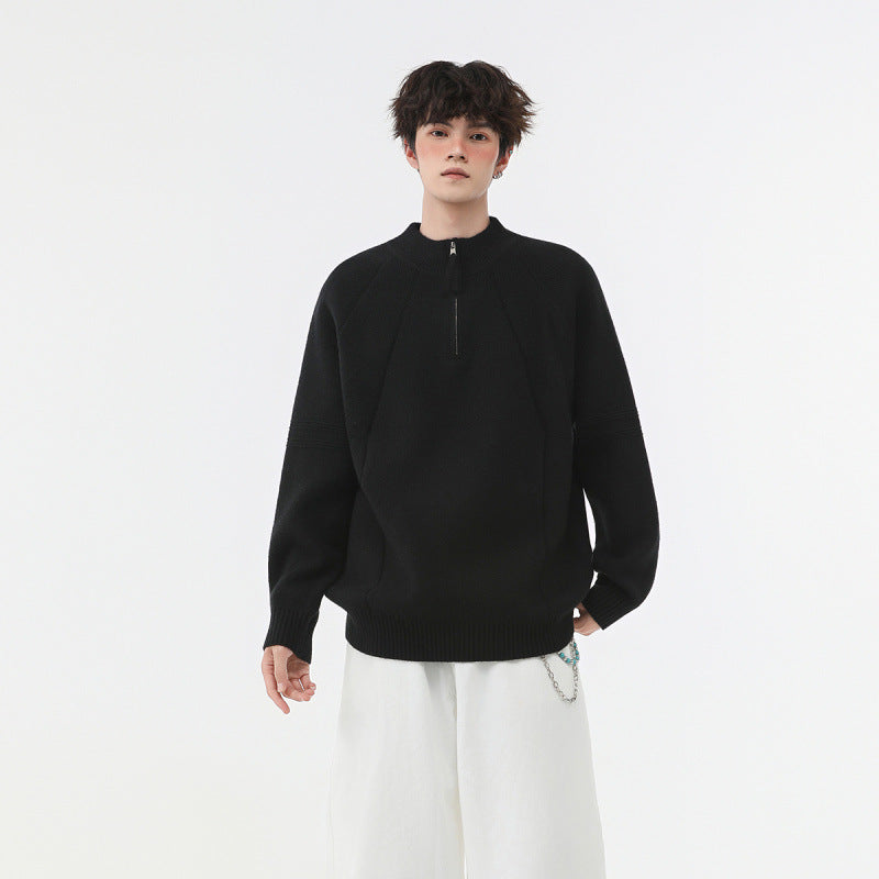 Herren Strick-Halbzip-Pullover mit Stehkragen und strukturierten Rippdetails Nord Taschen