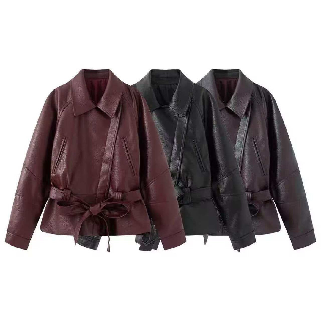 Damen Kurzjacke aus Kunstleder mit Taillengürtel und Hemdkragen Nord Taschen