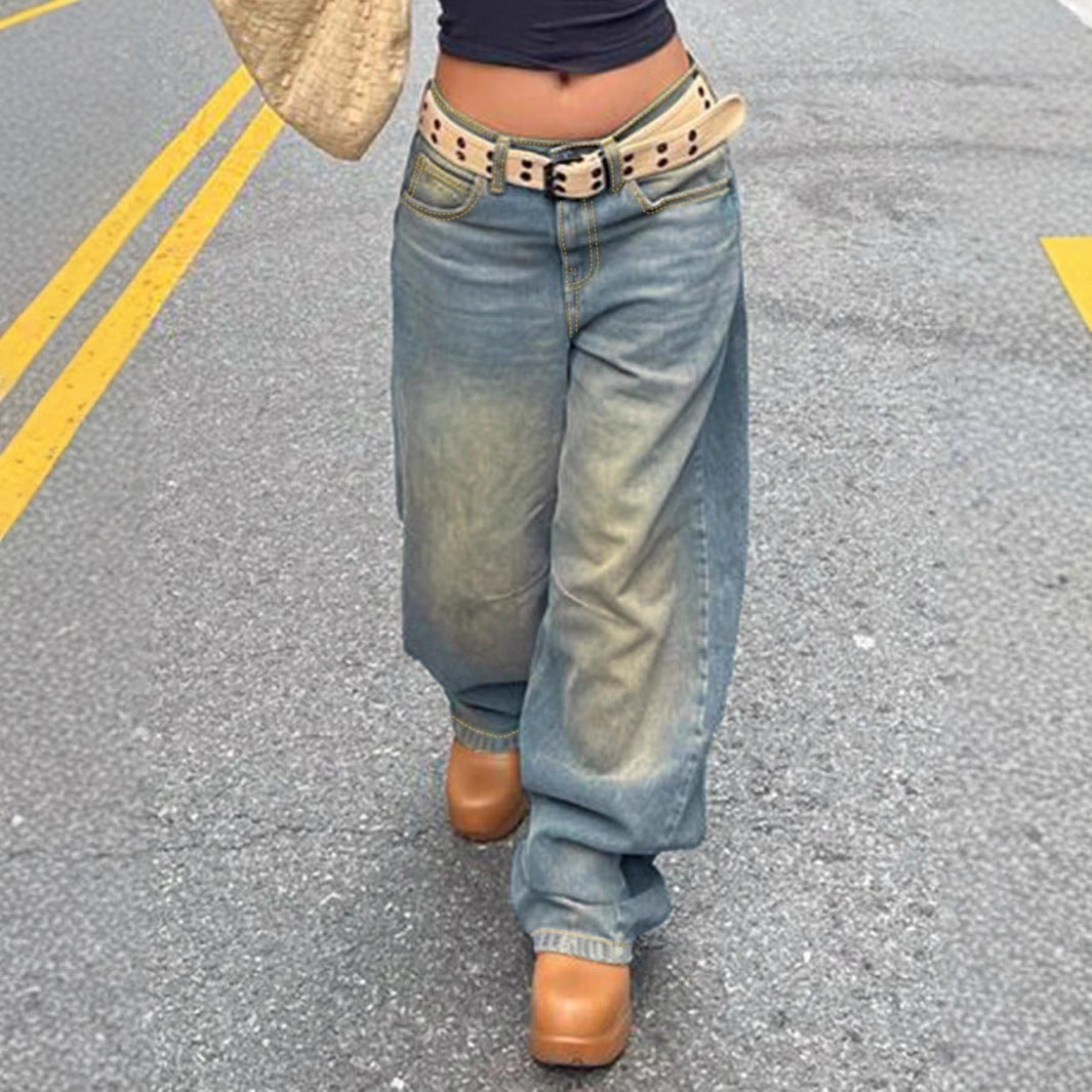 Damen Vintage-inspirierte Baggy-Jeans mit niedrigem Bund, weitem Bein und Used-Waschung Nord Taschen
