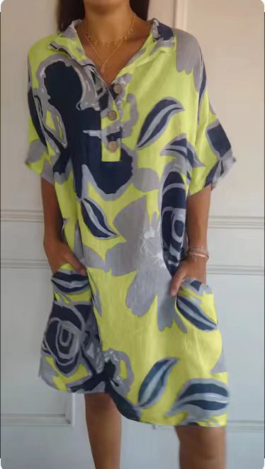 Damen luftiges Strandkleid mit modischem Muster und seitlichen Taschen