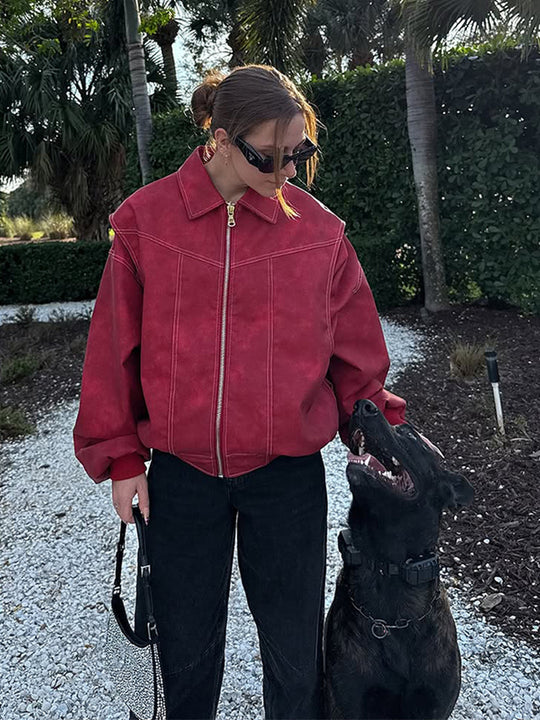 Damen Oversize Veloursleder-Blouson mit durchgehendem Reißverschluss und strukturierter Nahtführung Nord Taschen