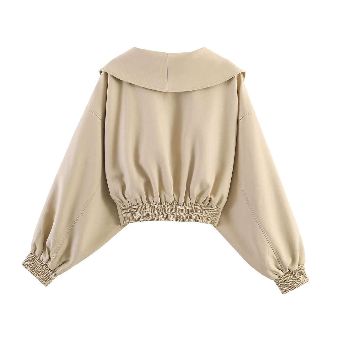 Damen Oversized Cropped-Jacke mit großem Schalkragen, Taillenriegel und Ballonärmeln Nord Taschen