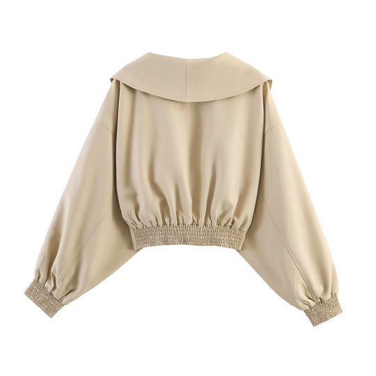 Damen Oversized Cropped-Jacke mit großem Schalkragen, Taillenriegel und Ballonärmeln Nord Taschen