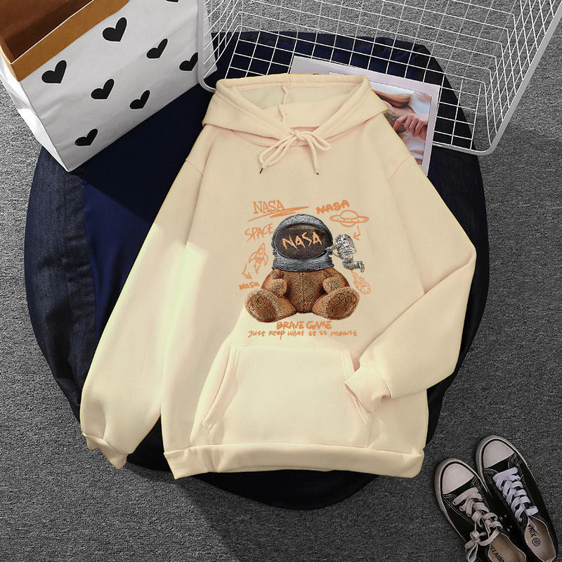 Damen nan lässiger Hoodie mit Astronauten‑Teddy‑Print, Kängurutasche und weichem Fleece-Innenfutter Nord Taschen