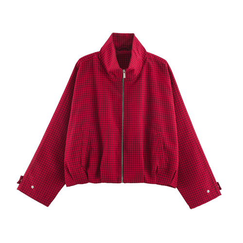 Damen Cropped Blousonjacke mit hohem Stehkragen, karierter Webstruktur und elastischem Abschluss Nord Taschen
