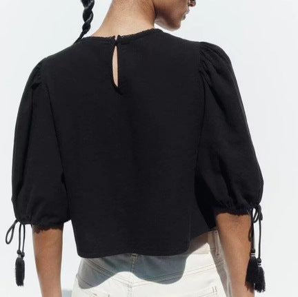 Damen bestickte Bluse mit Trompetenärmeln, Quasten und floraler Spitzenbordüre Nord Taschen