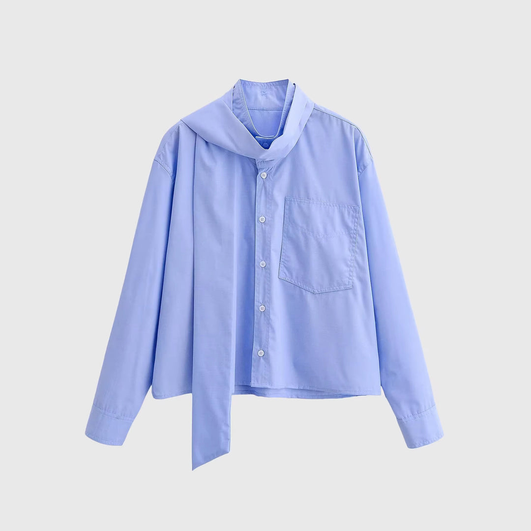 Damen Oversize‑Hemdbluse mit integriertem Halstuch‑Schal und aufgesetzter Brusttasche Nord Taschen