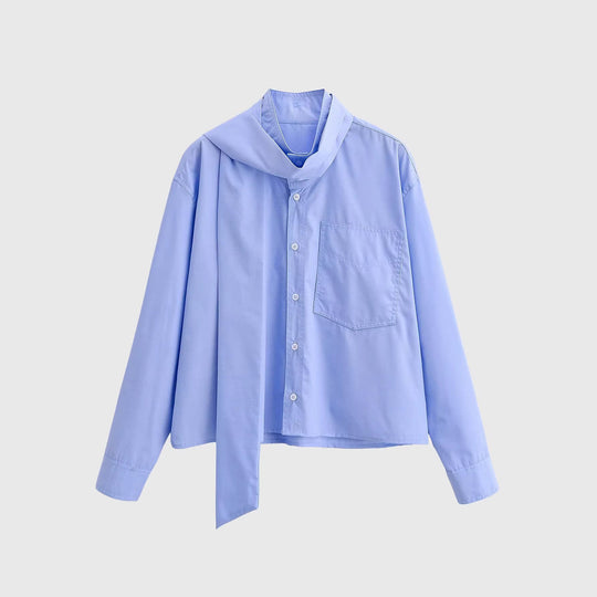 Damen Oversize‑Hemdbluse mit integriertem Halstuch‑Schal und aufgesetzter Brusttasche Nord Taschen