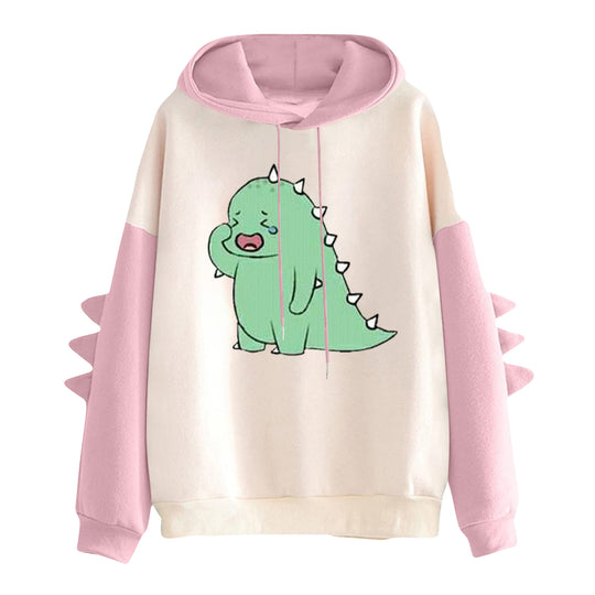 Damen nan Kapuzenpullover mit niedlichem Dino-Print, kontrastkapuze und dekorativen Stoffstacheln Nord Taschen