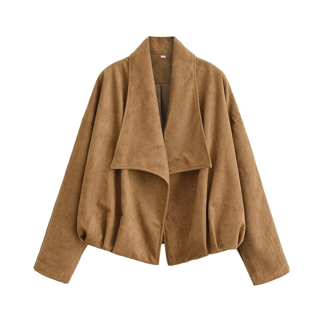 Damen Kurzjacke in Wildlederoptik mit Wasserfallkragen und balloniertem Saum Nord Taschen