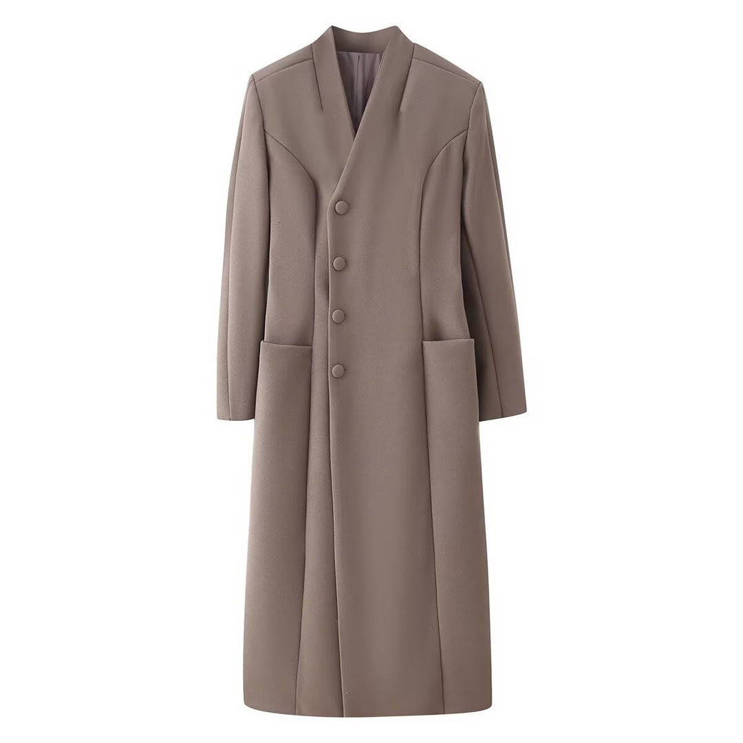 Damen Eleganter Wolloptik-Maximantel mit verdeckter Knopfleiste und aufgesetzten Taschen Nord Taschen
