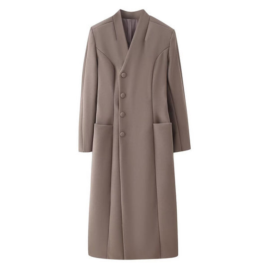 Damen Eleganter Wolloptik-Maximantel mit verdeckter Knopfleiste und aufgesetzten Taschen Nord Taschen