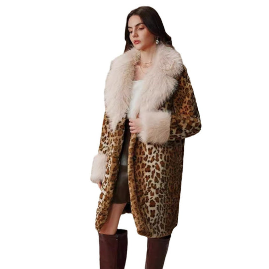 Damen Midilanger Kunstpelzmantel mit kontrastierendem Hochflor‑Schalkragen und Leopardenprint Nord Taschen