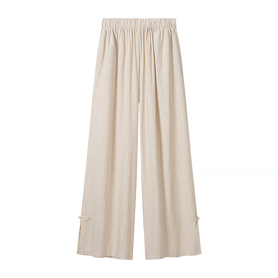 Damen Zweiteiliges Leinen-Set mit Stehkragen, Zierknotenverschlüssen und elastischer Weitbein-Hose Nord Taschen