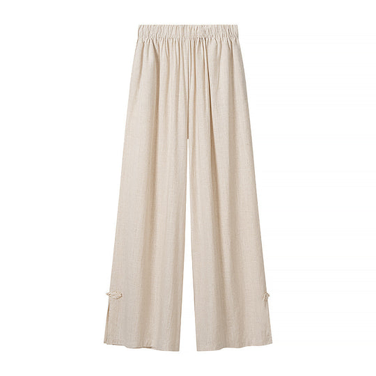 Damen Zweiteiliges Leinen-Set mit Stehkragen, Zierknotenverschlüssen und elastischer Weitbein-Hose Nord Taschen