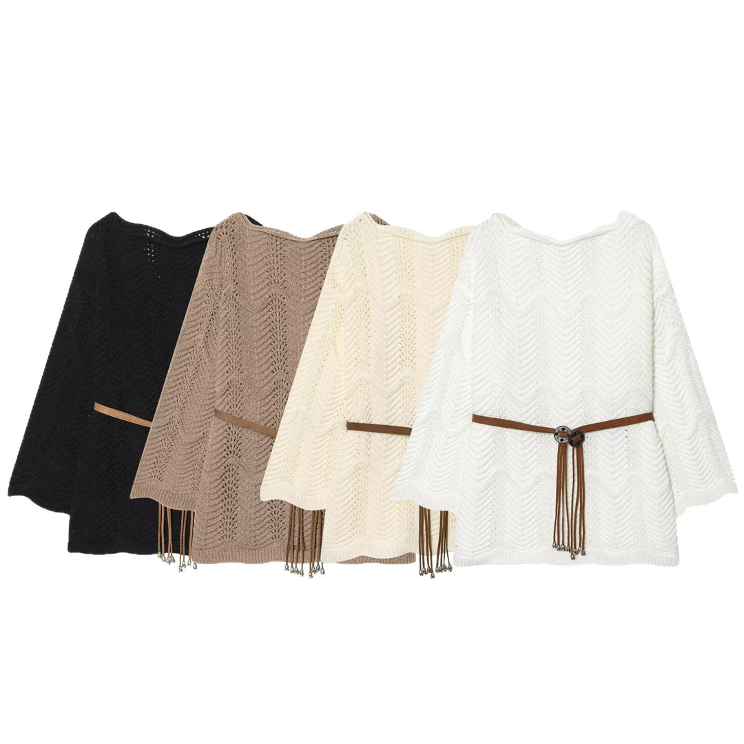 Damen Strickponcho mit Zickzack‑Ajourmuster und Taillengürtel Nord Taschen